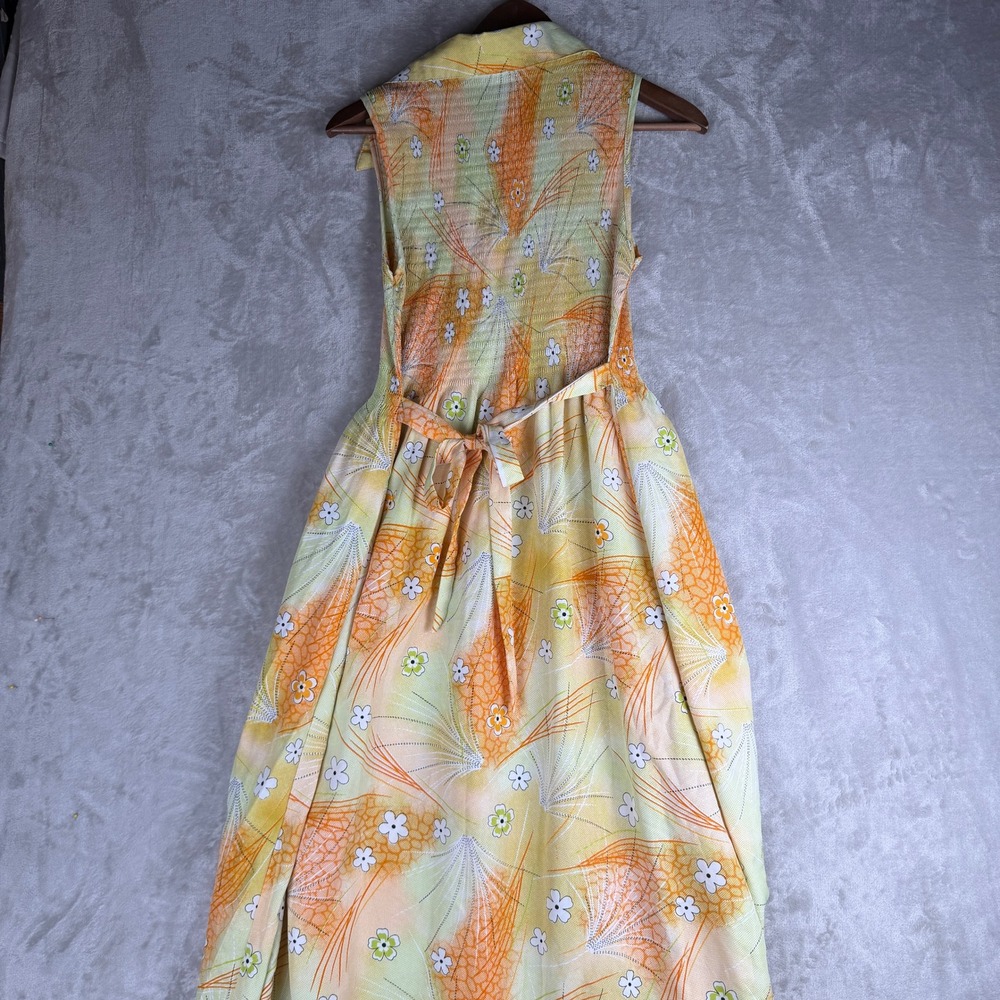 Boho  soft girl Vintage 70s Floral Plisse Sleeveless Midi Dress‎ Orange Yellow - Picture 9 of 11